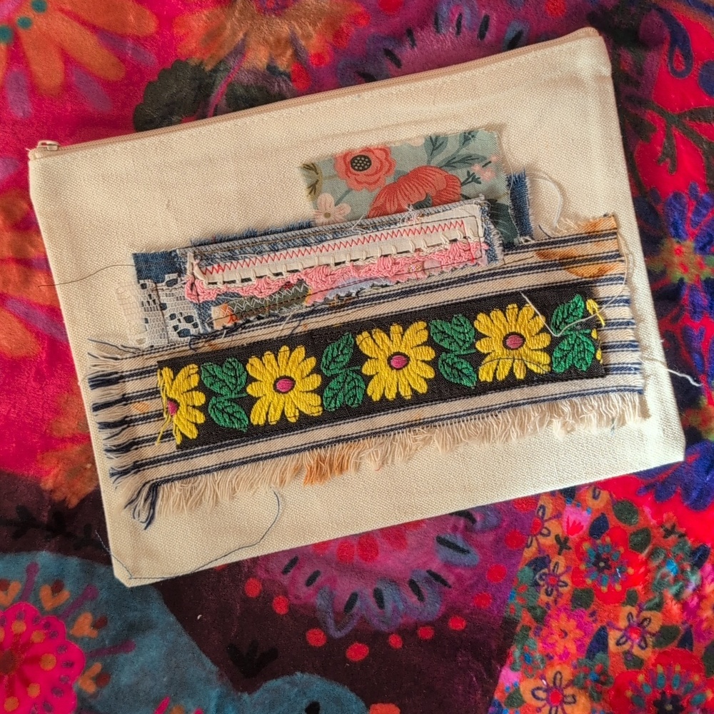 Upcycled Canvas Zipper Pouch PICK ONE! embellished w fabrics HANDMADE ITEM - Picture 3 of 4